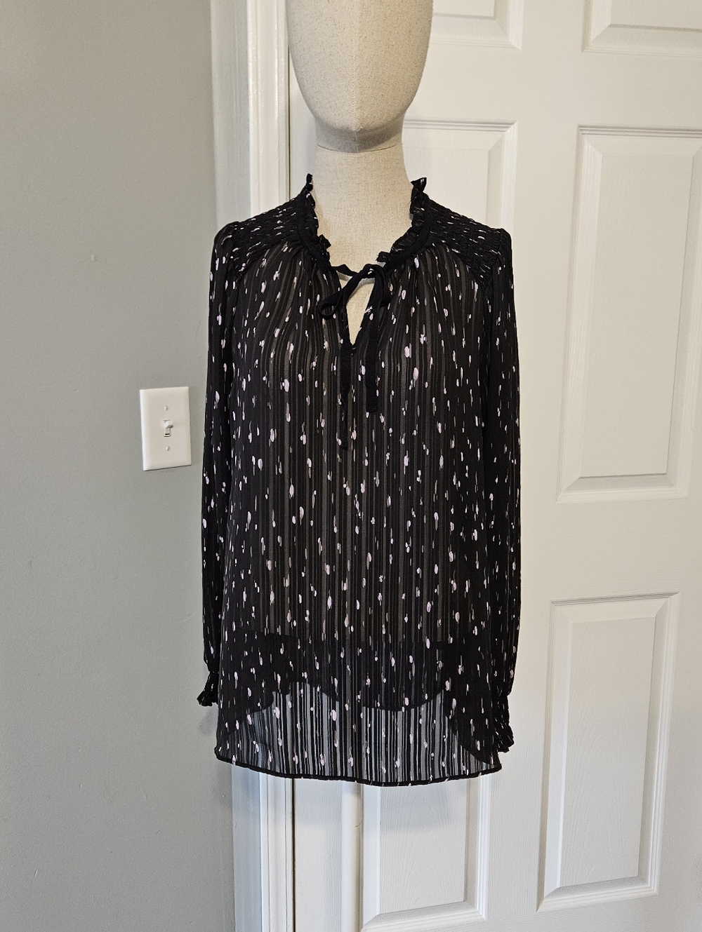 Simply Vera Vera Wang Black Sheer Blouse with Light Pink Dots and Tie Neck